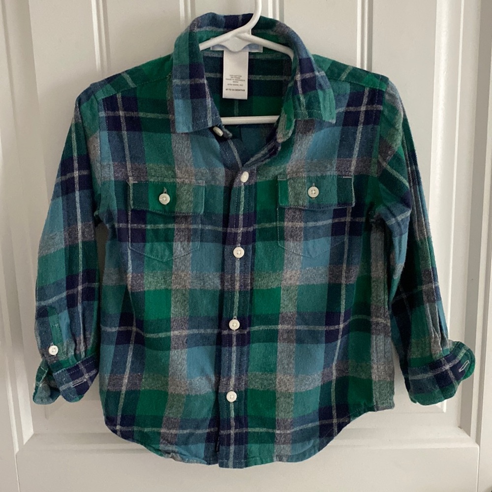 Janie and Jack plaid button up shirt boys 18-24 months blue and green fall
